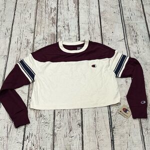 Women's Champion Logo Multi Color Crop Top Long Sleeve Crewneck Shirt Sweatshirt